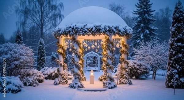 Fototapeta Enchanting Snowy Gazebo Illuminated by Festive Lights and Candle