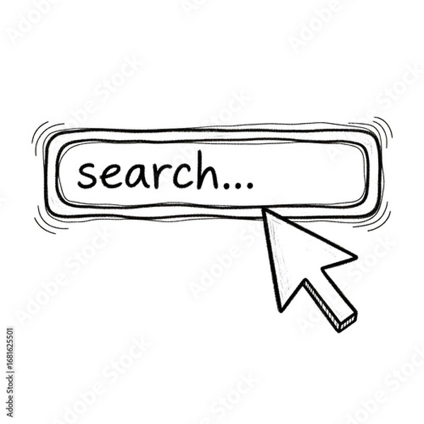 Fototapeta Dynamic hand-drawn search bar with 'search...' text and mouse pointer, ideal for web design, online tutorials, educational content, digital marketing, and tech presentations,
