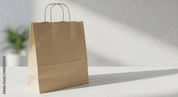 Fototapeta Paper bag stands on white surface illuminated by natural sunlight creating shadows.