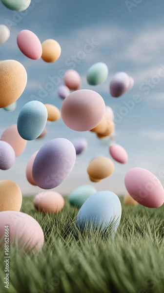 Fototapeta Colorful easter eggs falling in grass background easter holiday spring celebration