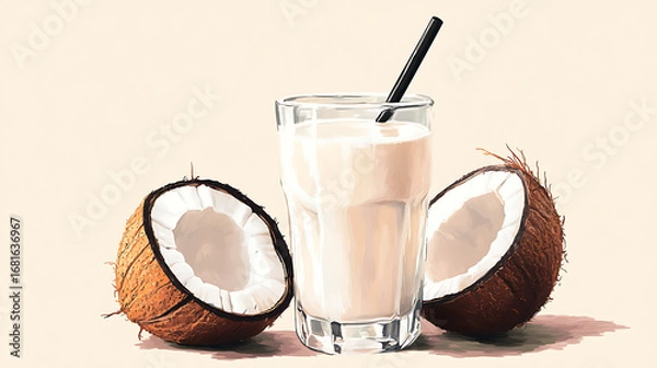 Fototapeta A glass of coconut milk with a straw and two halved coconuts around it