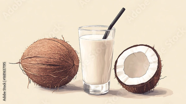 Fototapeta A glass of coconut milk with a straw and two coconuts on a light background