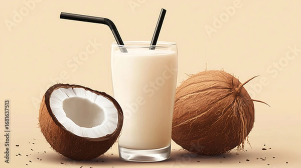 Fototapeta A glass of coconut milk with two black straws and two coconuts near it
