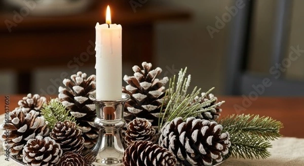 Fototapeta Festive Candle Arrangement with Pine Cones and Evergreen Branches