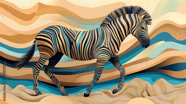 Fototapeta A colorful zebra walking across a stylized desert landscape artwork
