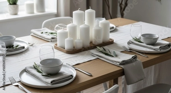 Fototapeta Elegant Dining Table Setting with Pillar Candles and Rosemary Accents