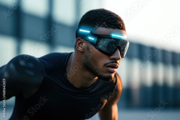 Fototapeta Innovative athlete uses advanced glasses for performance enhancement during training