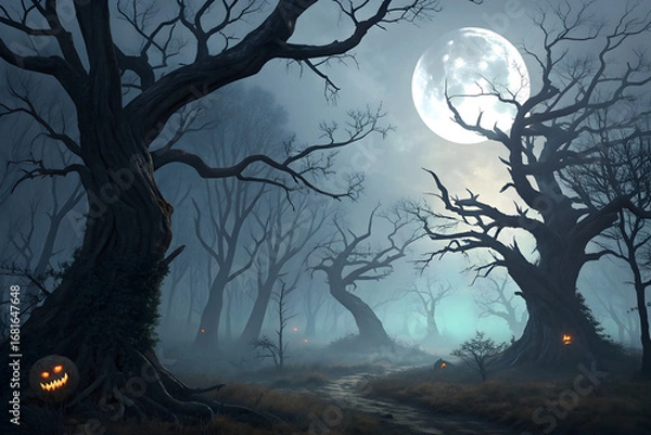 Fototapeta A spooky halloween night scene with a full moon and bare trees in a misty forest with jack o lanterns