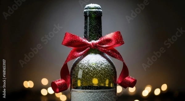Fototapeta Festive Wine Bottle Decorated with a Red Bow and Snowflakes