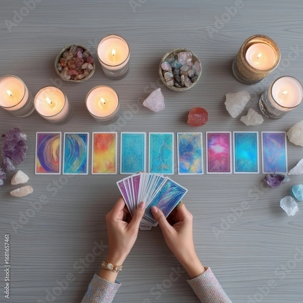 Fototapeta Hands of a woman holding tarot cards, surrounded by candles and crystals, creating a mystical atmosphere for divination and spiritual guidance in a serene setting