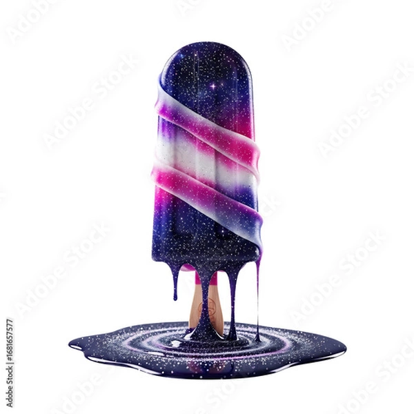 Fototapeta Cosmic galaxy popsicle melting into a vibrant starry puddle, isolated on white & transparent background. Ideal for summer party invitations, sweet treat promotions, sci-fi themed marketing,
