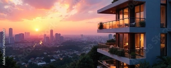 Obraz Modern condominium building with sleek architecture and balconies overlooking a cityscape at sunset Luxury apartments, urban living, city views, residential complex , dwelling, high-rise, concrete