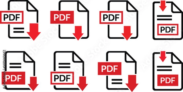 Fototapeta PDF file format icons set. PDF file download symbols. Format for texts, images, vector images, videos, interactive forms, Vector illustration !