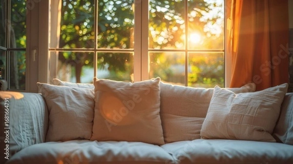 Fototapeta In the living room, a soft sofa is paired with warm lighting
