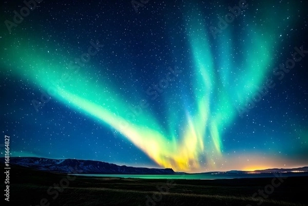 Fototapeta The aurora in the night sky is dreamlike and fantastical, with dazzling colors dancing across the horizon