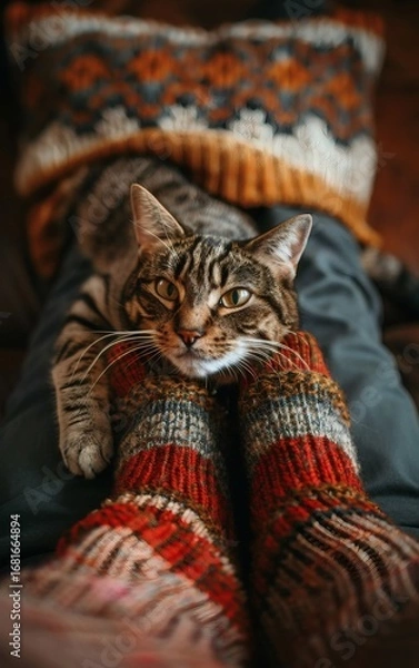 Fototapeta A cat rubs against its owner's feet in a warm home environment, showcasing the harmonious relationship between humans and pets