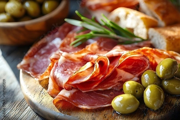Fototapeta Thin slices of spanish ham paired with olives and bread, with sunlight casting down and a blurred background