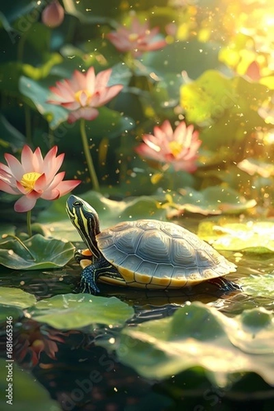 Fototapeta A turtle basks in the sun by the pond, with soft sunlight gently falling on its shell