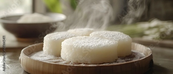 Fototapeta The rice cake is cut into thick slices with a smooth surface, steaming hot after being steamed