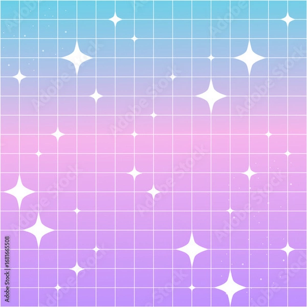 Fototapeta Groovy fantasy bright gradient background y2k retro blue and pink pastel galaxy aesthetic. Pop unicorn bg with stars, trendy checkered ornament.
