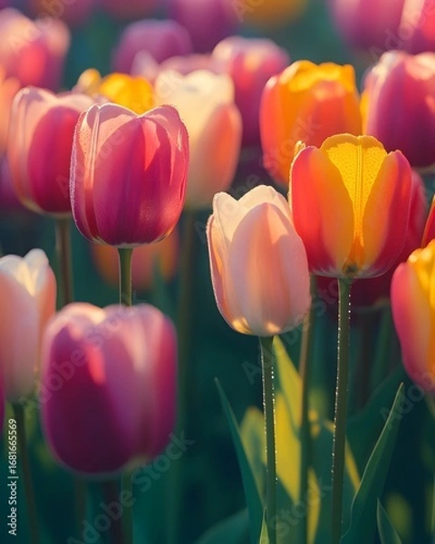 Fototapeta In the tulip garden, a kaleidoscope of colorful flowers is neatly arranged