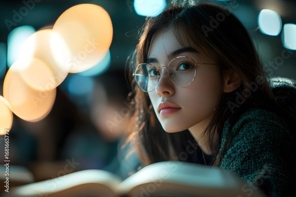 Fototapeta A dreamy, glowing atmosphere surrounds a focused student listening attentively in class