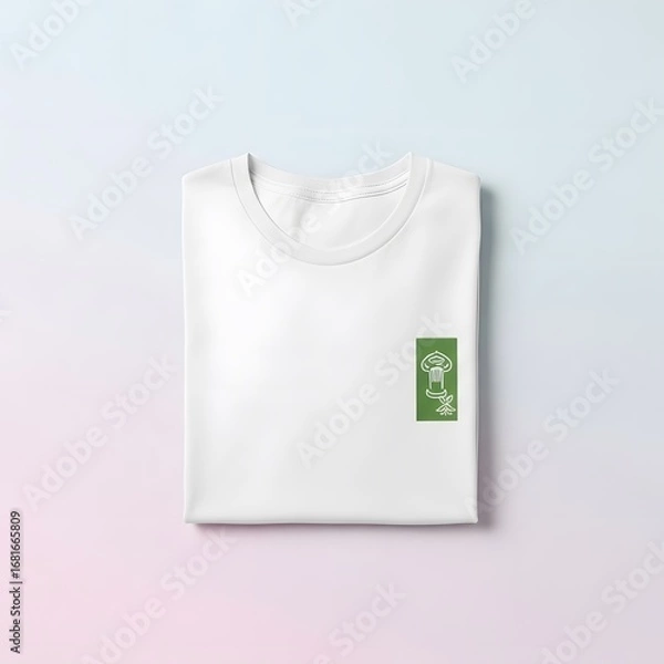 Obraz White tshirt with small green mushroom logo on white