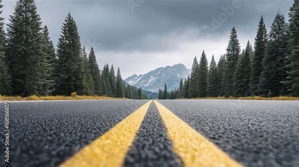 Fototapeta Empty asphalt highway with yellow marking stretches into distance between evergreen trees and mountain peaks. Straight lines suggest travel, freedom, adventure and opportunity for copy space.