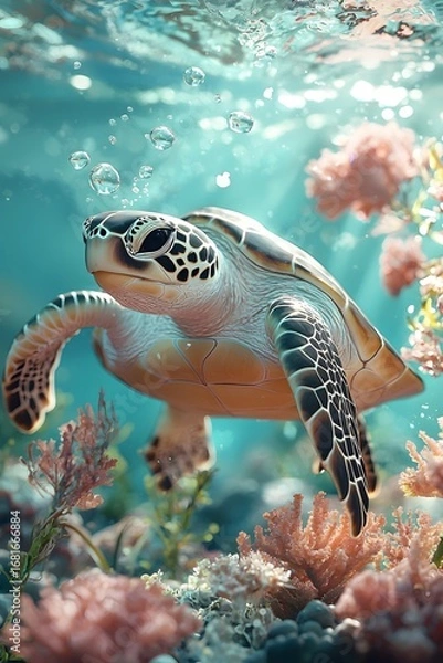 Fototapeta A sea turtle swims among the coral reefs in the ocean, with soft sunlight casting dappled shadows through the water