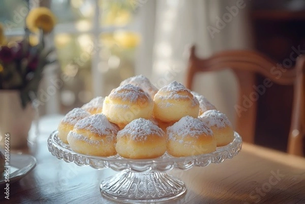 Fototapeta Puffs are arranged on a transparent glass plate, dusted with powdered sugar on the surface