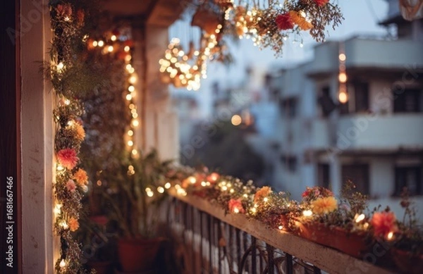 Fototapeta Cozy balcony decorated with string lights and flowers at dusk