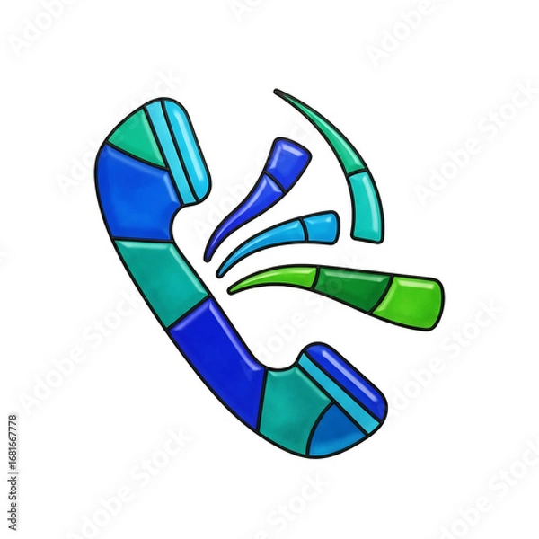 Fototapeta Vibrant, segmented blue and green telephone icon with radiating call signals, perfect for telecommunication branding, customer service apps, contact page buttons, or digital marketing.