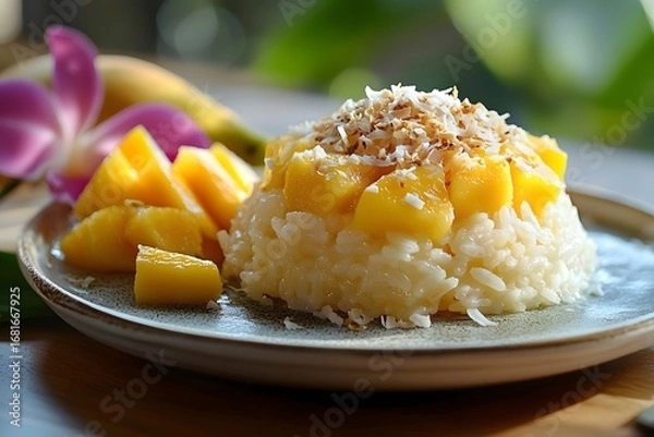 Fototapeta Mango sticky rice is placed on a porcelain plate, sprinkled with coconut flakes on the surface