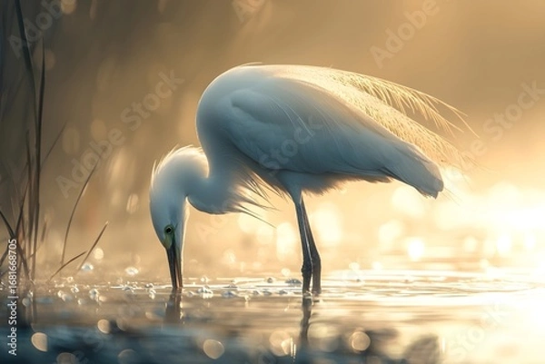 Fototapeta An egret forages by the water's edge, its pristine white feathers appearing exceptionally fresh under the sunlight