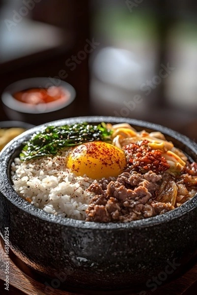 Fototapeta The rice in the stone pot bibimbap is golden and crispy, with sunlight streaming down and chili powder sprinkled on top