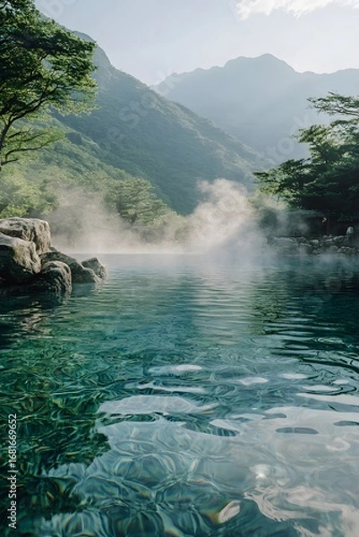 Fototapeta The hot spring pool is steaming, surrounded by green mountains and clear waters