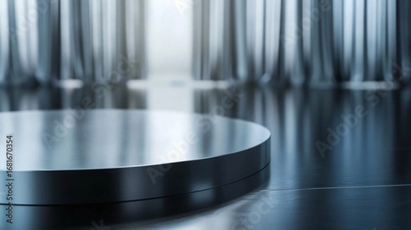 Fototapeta The metal display stage reflects a delicate sheen under soft lighting, with a gentle background creating a cool and sophisticated atmosphere