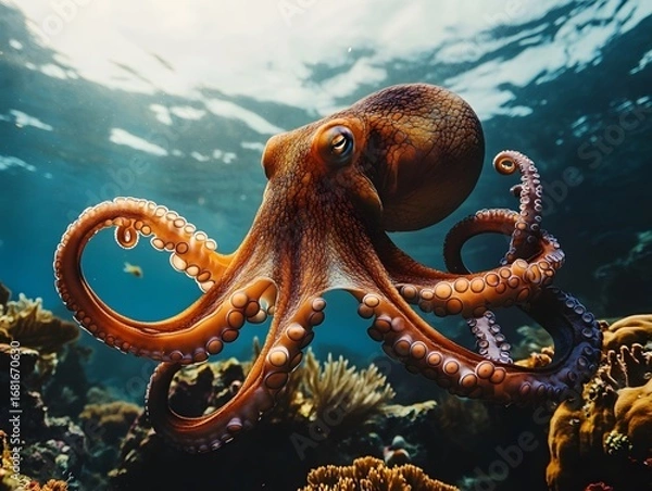 Fototapeta An octopus swims through the coral reefs in the depths of the ocean, with soft light filtering through the water