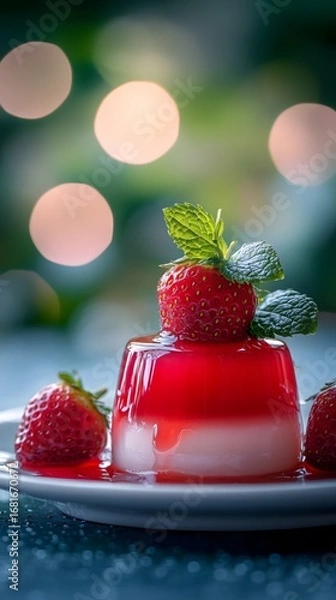 Fototapeta The smooth surface of the jelly is paired with strawberry sauce and mint leaves, with a blurred background