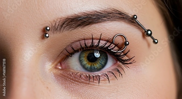 Fototapeta Close-up of a female eye with intricate piercings and detailed makeup application creating a