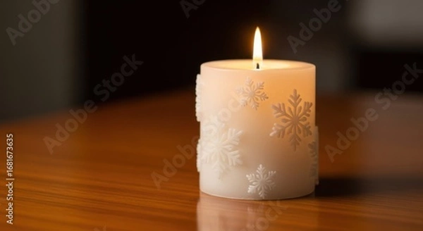 Fototapeta Beautiful white candle with snowflake design glowing warmly on a wooden surface