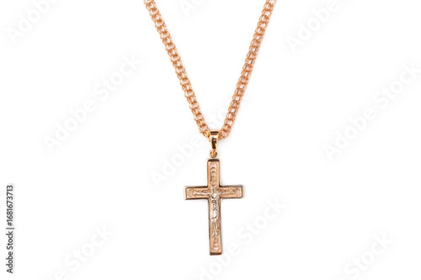 Fototapeta Golden cross on golden chain. Isolated on white.