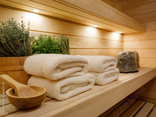 Fototapeta Soft white towels neatly stacked on wooden shelf in a serene sauna environment, surrounded by fresh herbs and natural materials, creating a calming wellness atmosphere