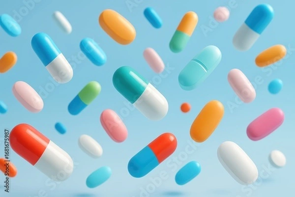 Fototapeta Vibrant Pills in Artistic Display: An array of colorful pills float amidst a vibrant backdrop, creating a captivating display of modern medicine and health