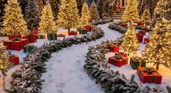 Fototapeta Festive Winter Wonderland Path Lined With Decorated Trees and Gifts