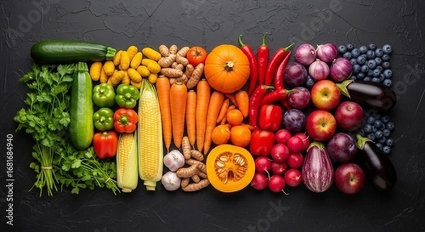 Fototapeta Variety of Fresh Vegetables Arranged by Color on Dark Background | Healthy Eating Concept for Food Bloggers, Recipe Websites and Nutrition Marketing
