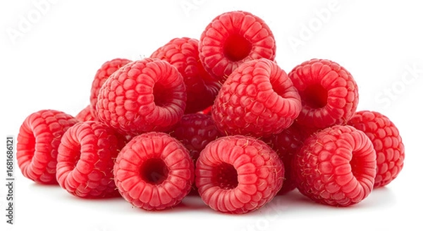 Fototapeta Fresh Raspberries: Vibrant Red Berries, Close-Up Photography of a Pile of Ripe Raspberries on White Background, Perfect for Food Blogs, Packaging, and Culinary Content.