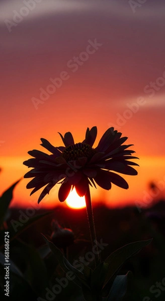 Fototapeta Golden hour's magic captured as a single flower becomes a dark, elegant figure against the brilliant hues of a setting sun.

