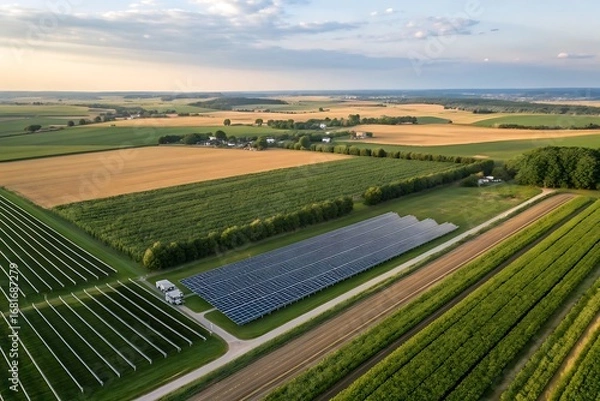 Fototapeta Aerial view of a solar farm in a rural landscape with fields and trees, highlighting the vast scale of renewable energy infrastructure