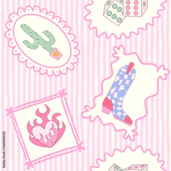Obraz Cowgirl seamless pattern. Cowboy western theme, cactus, cowboy boots, flame heart in girly pink frame. Hand-drawn cartoon print on stripy pink background. Vector wallpaper, t-shirt and wrapping.